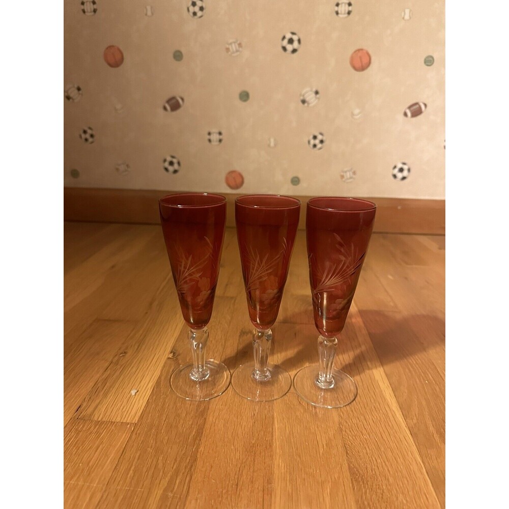 Set of 3 Bohemian Czech Cut to Cranberry Wine Flute Glasses Vintage 7'’ Floral